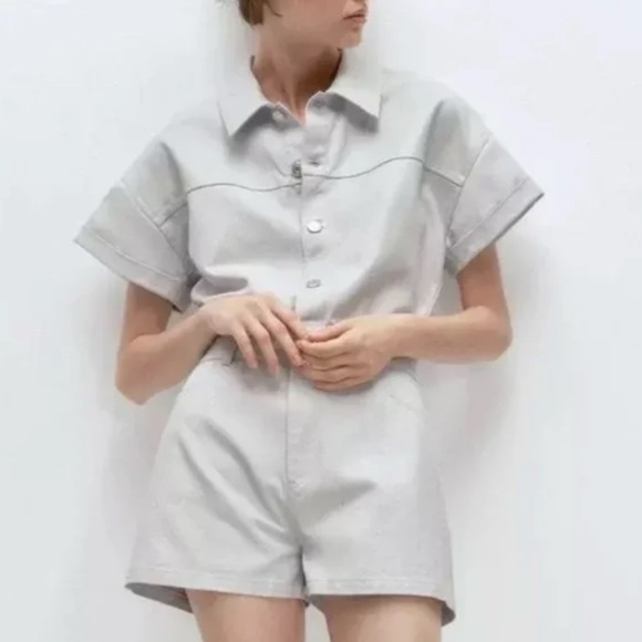 NWT Zara High-Waist Shimmer Denim Cotton Romper - Picture 2 of 3